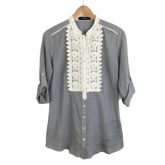 Striped Button Up with Lace Bib NWOT - Picture 3 of 5